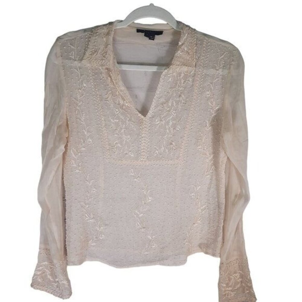 ECI New York Embellished Pearled Cream Peasant Top